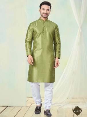 Party Wear Olive Plain Pure Silk Men Kurta Pajama