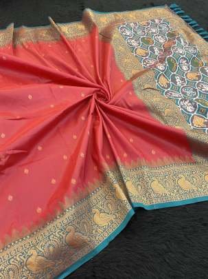 Party Wear Peach Gold Zari Kanjivaram Patola Sarees For Ladies 