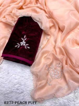 Party Wear Peach Puff Handwork Soft Organza Saree