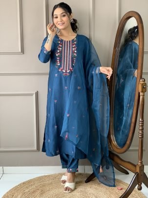 Party Wear Petrol Blue Viscose Rayon 3pcs Kurti Set