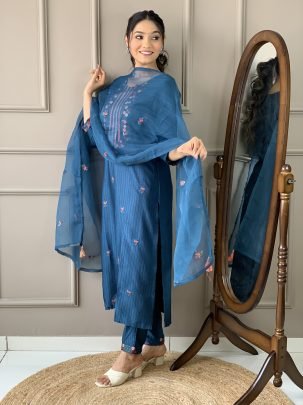 Party Wear Petrol Blue Viscose Rayon 3pcs Kurti Set