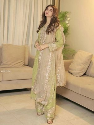 Party Wear Pista Green Pure Jimmy Choo Top Plazzo  Dupatta Set
