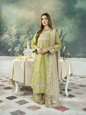 Party Wear Pista Green Pure Jimmy Choo Top Plazzo  Dupatta Set