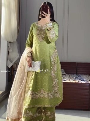 Party Wear Pista Green Pure Jimmy Choo Top Plazzo  Dupatta Set