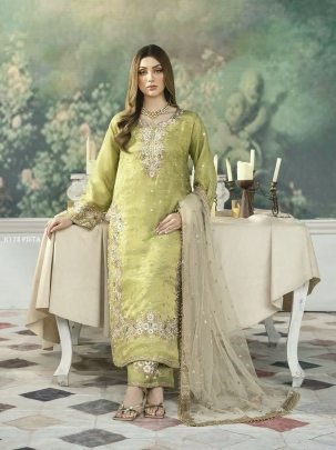 Party Wear Pista Green Pure Jimmy Choo Top Plazzo  Dupatta Set