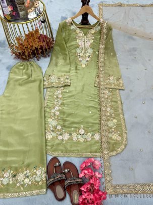 Party Wear Pista Green Pure Jimmy Choo Top Plazzo  Dupatta Set