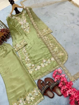 Party Wear Pista Green Pure Jimmy Choo Top Plazzo  Dupatta Set