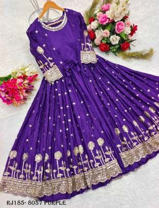 Party Wear Purple Chinon Silk Sequence Work Gown With Cotty