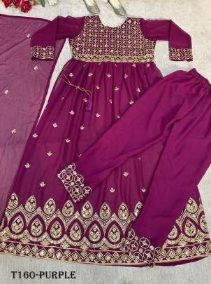 Party Wear Purple Georgette With Design Kurti Pant Dupatta Set