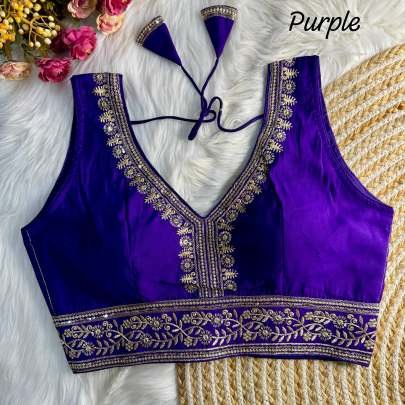 Party Wear Purple Thread Work Readymade Blouse With Sleeve