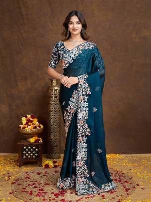 Party Wear Rama Full Embroidery Border Work Rangoli Silk Sarees