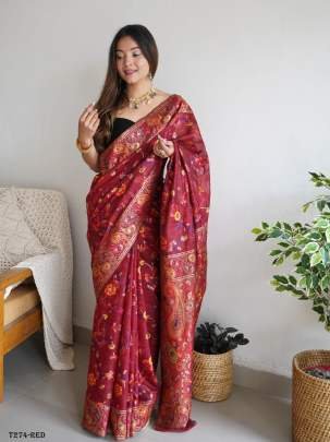 Party Wear Red Cotton Thread Weaving Saree