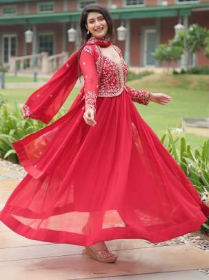 Party Wear  Red Faux Blooming Gown With Dupatta