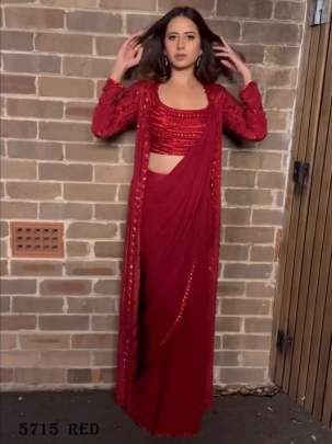 Party Wear Georgette Ready To Wear Red Saree With Shrug 