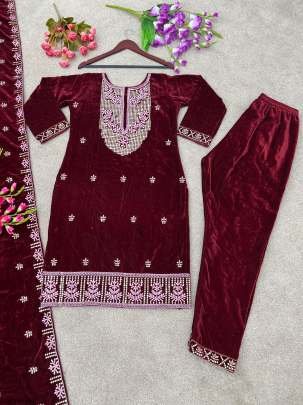 Party Wear Viscose Velvet Ready To Wear Maroon Kurti Pant Set