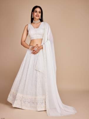 Party Wear White Georgette Lehenga Choli For Women