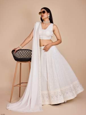 Party Wear White Georgette Lehenga Choli For Women