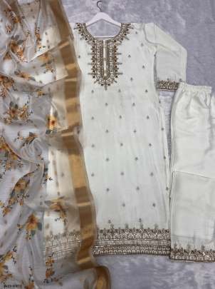 Party Wear White Pure Chinon Silk Kurti Pant Set