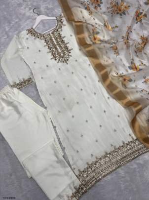 Party Wear White Pure Chinon Silk Kurti Pant Set