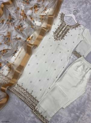 Party Wear White Pure Chinon Silk Kurti Pant Set