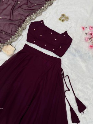 Party Wear Wine Lehenga Set With Stone Work