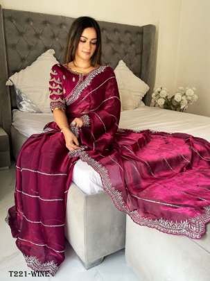 Party Wear Wine Zimmy Choo Handwork Satin Saree