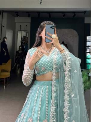 Pastel Blue Net Sequins Thread Embroidery Work Stitched Lehenga Choli