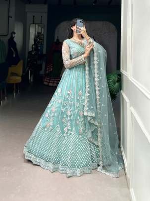 Pastel Blue Net Sequins Thread Embroidery Work Stitched Lehenga Choli