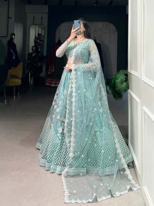 Pastel Blue Net Sequins Thread Embroidery Work Stitched Lehenga Choli