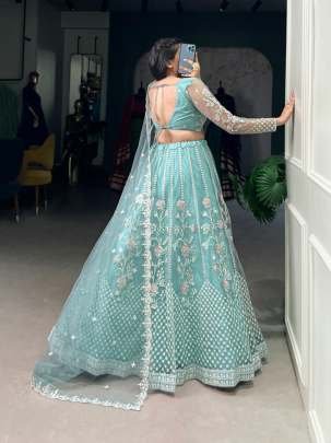 Pastel Blue Net Sequins Thread Embroidery Work Stitched Lehenga Choli
