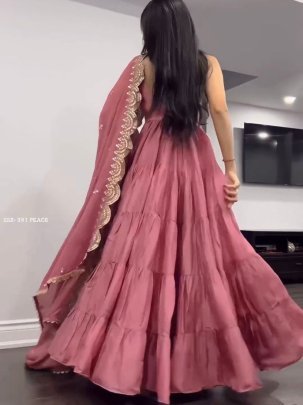 Peach Anarkali Faux Georgette Fully Ruffle Flair Gown 