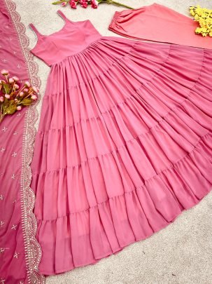 Peach Anarkali Faux Georgette Fully Ruffle Flair Gown