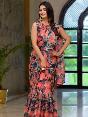 Peach Latest Floral Printed Georgette Gown Saree