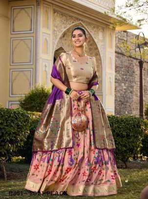 Peach Paithani Silk Jacquard Umbrella Lehenga With Matching Blouse And Dupatta