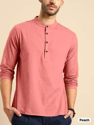 Peach Regular Wear Plain Khadi Linen Men Shirts