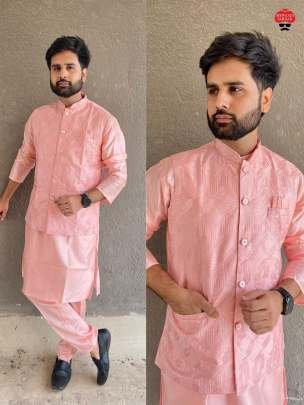 Peach Stylish Banglori Silk Men Kurta Pant With Koti