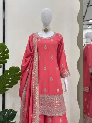 Peach Wedding Embroidery And Sequence Work Chinon Silk Top And Palazo Suits
