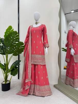 Peach Wedding Embroidery And Sequence Work Chinon Silk Top And Palazo Suits
