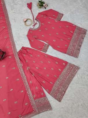 Peach Wedding Embroidery And Sequence Work Chinon Silk Top And Palazo Suits