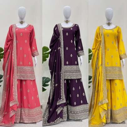 Peach Wedding Embroidery And Sequence Work Chinon Silk Top And Palazo Suits