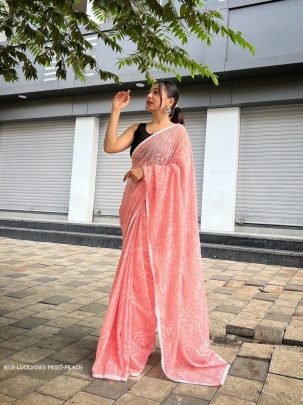 Peach Wedding Soft Chiffon Silk Lucknowi Saree