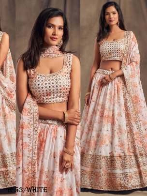 Peach White Heavy Printed Organza Lehenga Choli