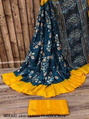 Peacock Blue Color Beautiful Chiffon Jari Sarees with Flower Print