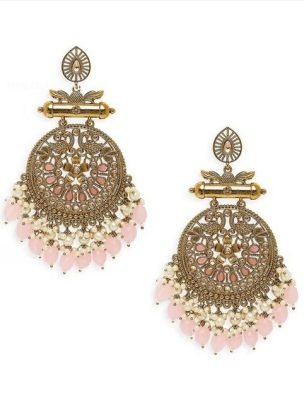 Pink and Gold Kundan With Pearls Peacock Ethnic Large Shehnaz Chandbali Earrings