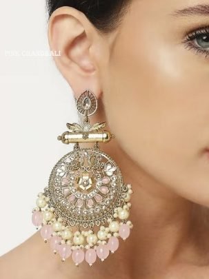 Pink and Gold Kundan With Pearls Peacock Ethnic Large Shehnaz Chandbali Earrings