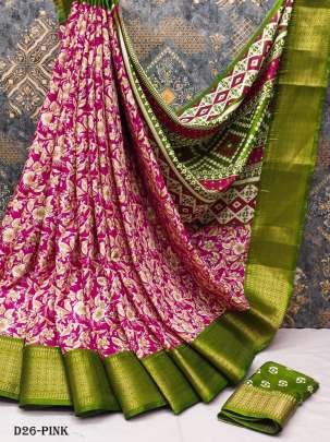 Pink Color Dola Dark flower printed Silk Sarees 