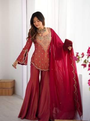 Stylish Pink Embroidered Kurti With Flared Palazzo And Dupatta Set