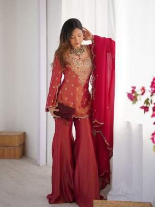 Stylish Pink Embroidered Kurti With Flared Palazzo And Dupatta Set