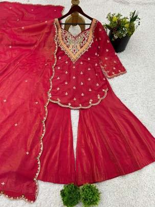 Stylish Pink Embroidered Kurti With Flared Palazzo And Dupatta Set