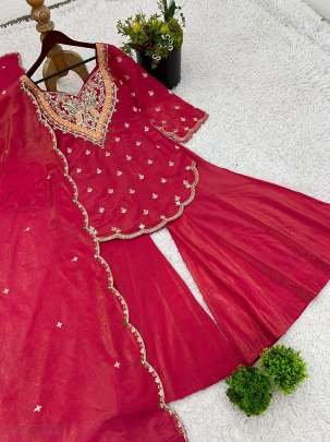 Stylish Pink Embroidered Kurti With Flared Palazzo And Dupatta Set